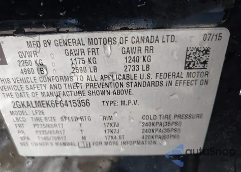 2015 GMC Terrain Sle-1 z USA, uszkodzony, nr VIN 2GKALMEK6F6415356